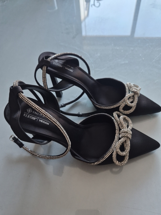 Call It Spring Shoes - Call It Spring Black Pointed Rhinestone-Knot Ankle Strap Heels